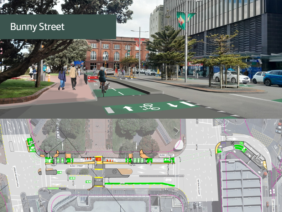 A composite image showing a rendered view of the proposed Bunny Street design above, with a separated green bike lane, wider footpaths, and people walking and cycling, and below it a top‑down diagram of the same area highlighting the new lane layout, bike