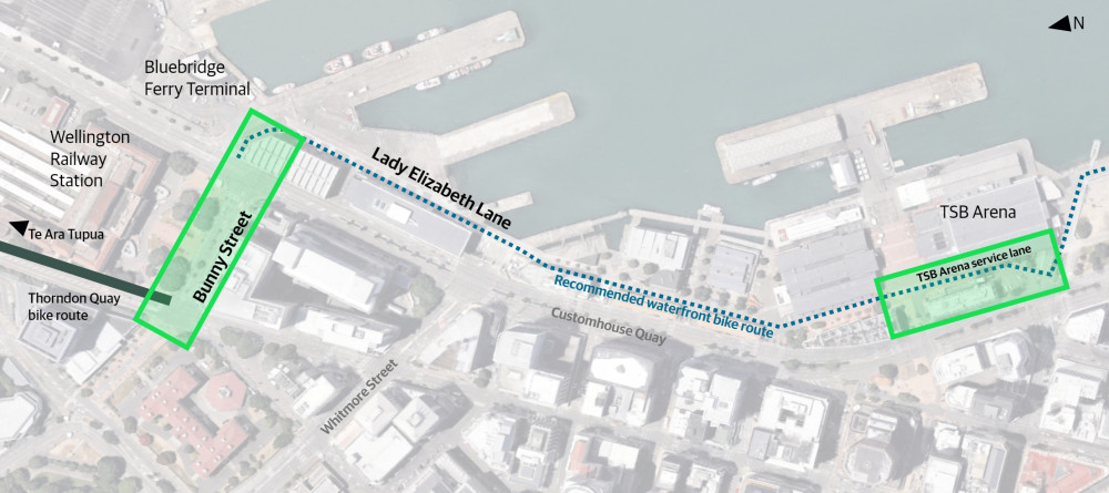 This is a simple map showing that there are two project areas, one around Bunny St and the other around the TSB Arena service lane, which is the small lane that runs between the Wellington Museum and TSB Arena at Queens Wharf