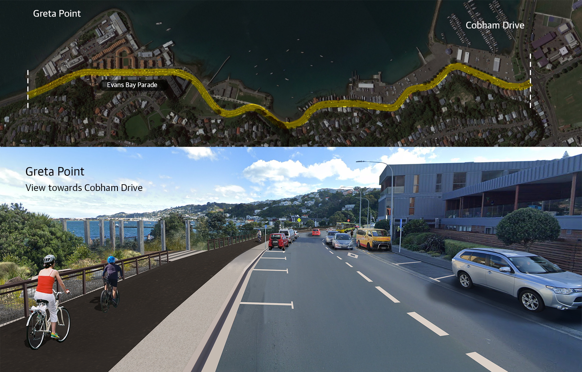 This image shows a map of the route, with a artists impression underneath showing a bike path next to the traffic lane with parallel parking available.